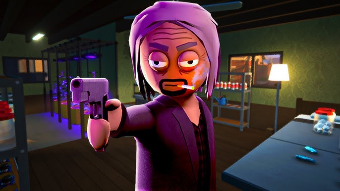 Schedule I character with purple headscarf holding a gun in a drug lab